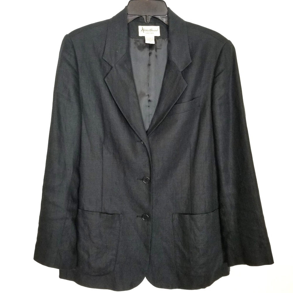 Eddie Bauer Women 100% Linen Blazer Jacket Sz M Petite Black Button Up Preppy